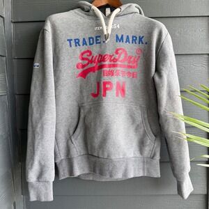 Superdry JPN Graphic Pullover Hoodie‎ Gray Fleece Lined Men's XL Logo